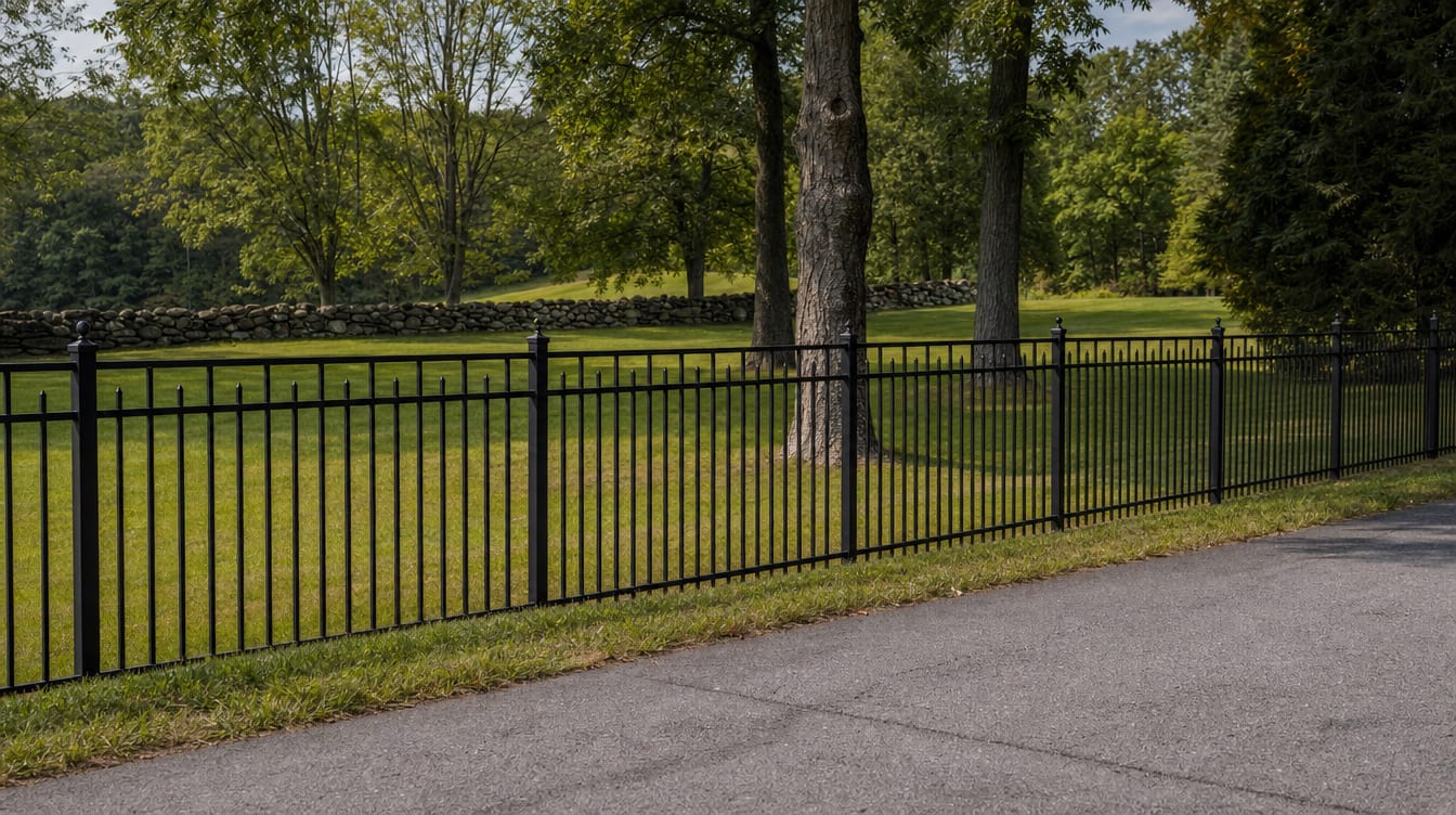 A black aluminum ornamental fence running along a front property line in Cross River, NY