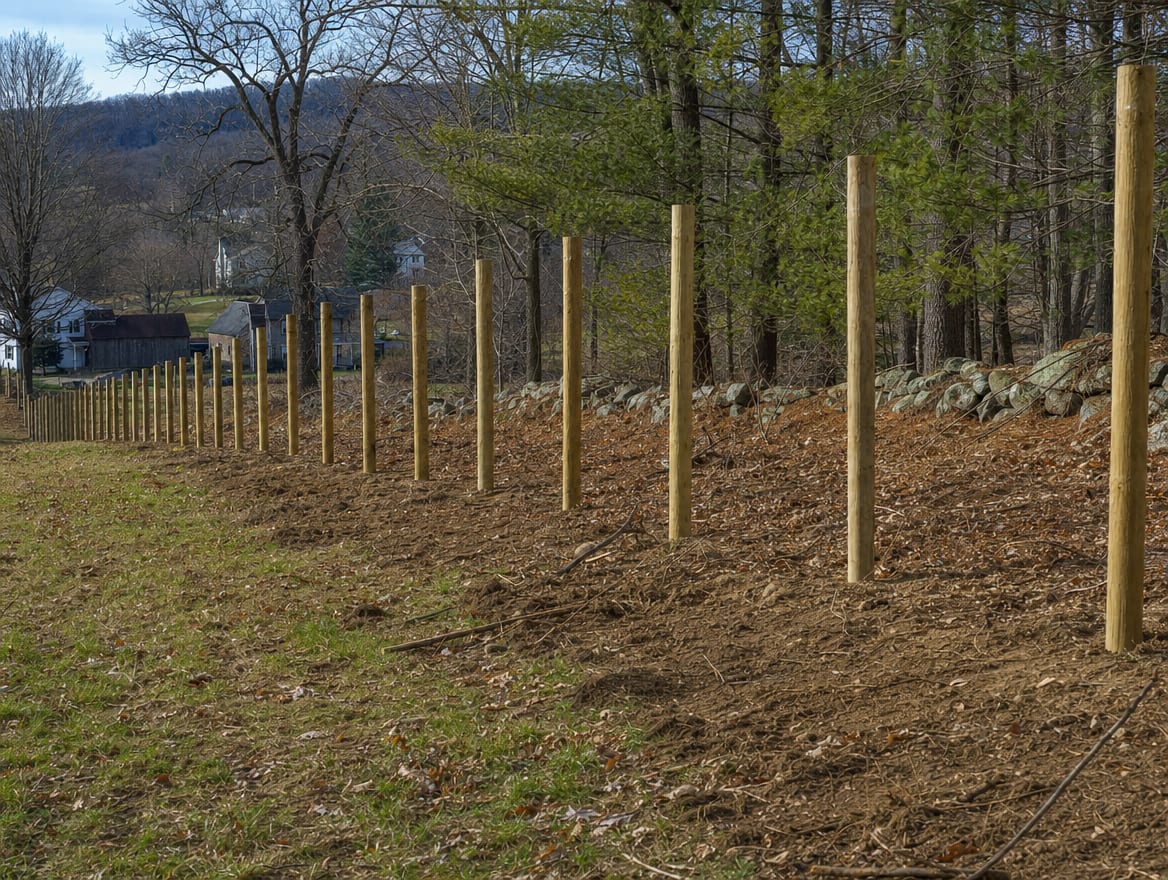 A fence installation in progress with newly set posts in Cross River, NY