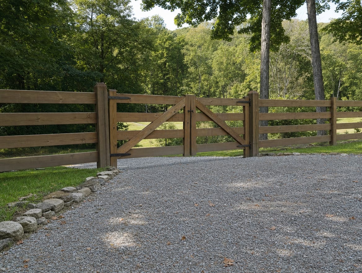 A wood driveway gate set into a fence at the entrance of a country property in Cross River, NY