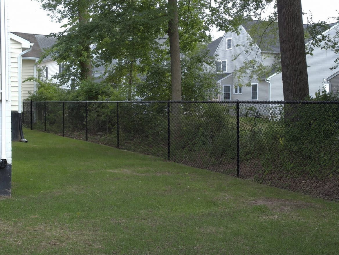 A black chain link fence running along the rear property line of a compact backyard in Danbury, CT