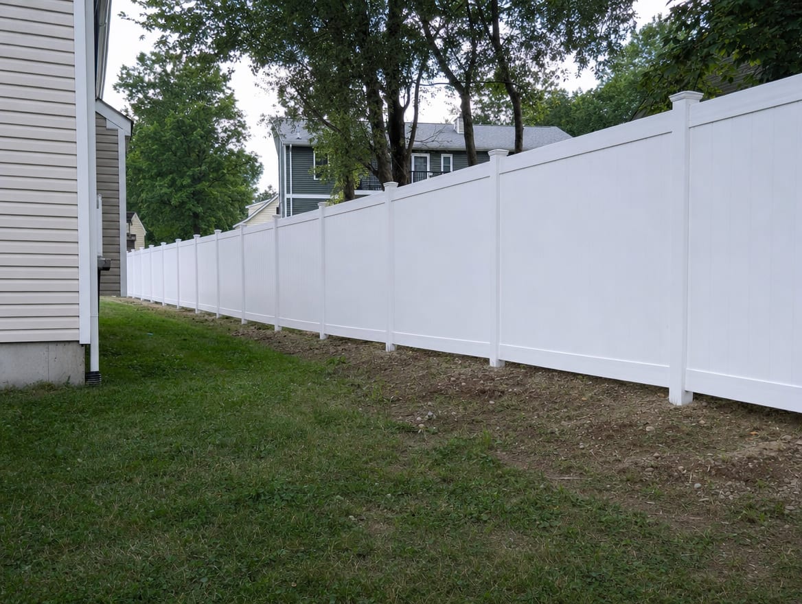 A full six foot tall white vinyl privacy fence running along the side property line of a narrow lot in Danbury, CT
