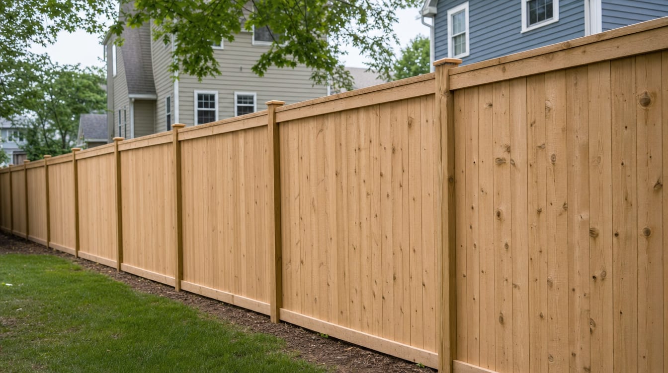 A full six foot tall wood privacy fence running along the property line between two closely spaced homes in Danbury, CT