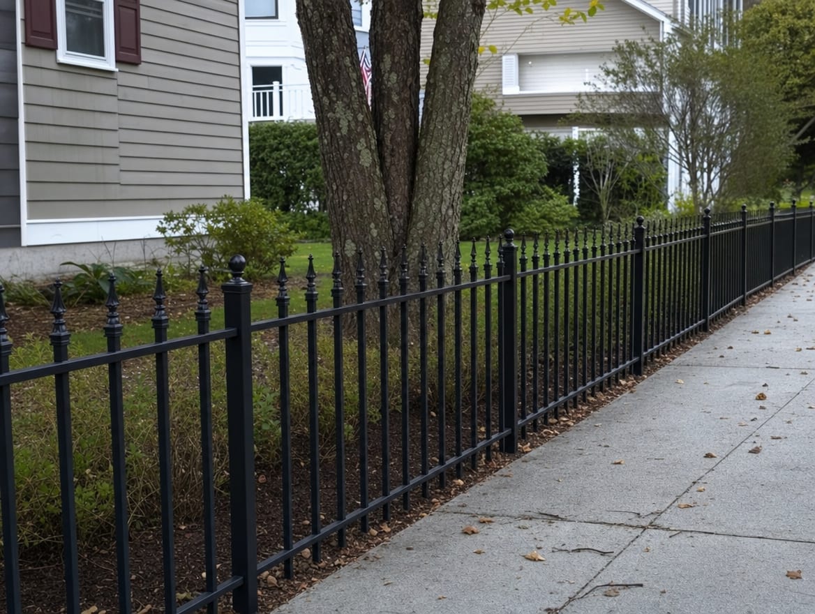 A black aluminum ornamental fence running along a front property line in Danbury, CT