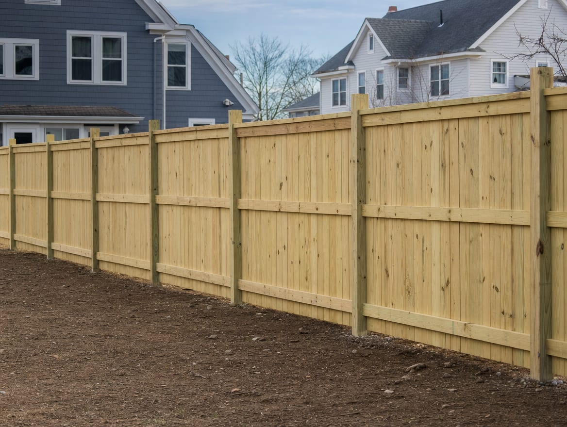 A fence installation in progress with newly set posts in Danbury, CT