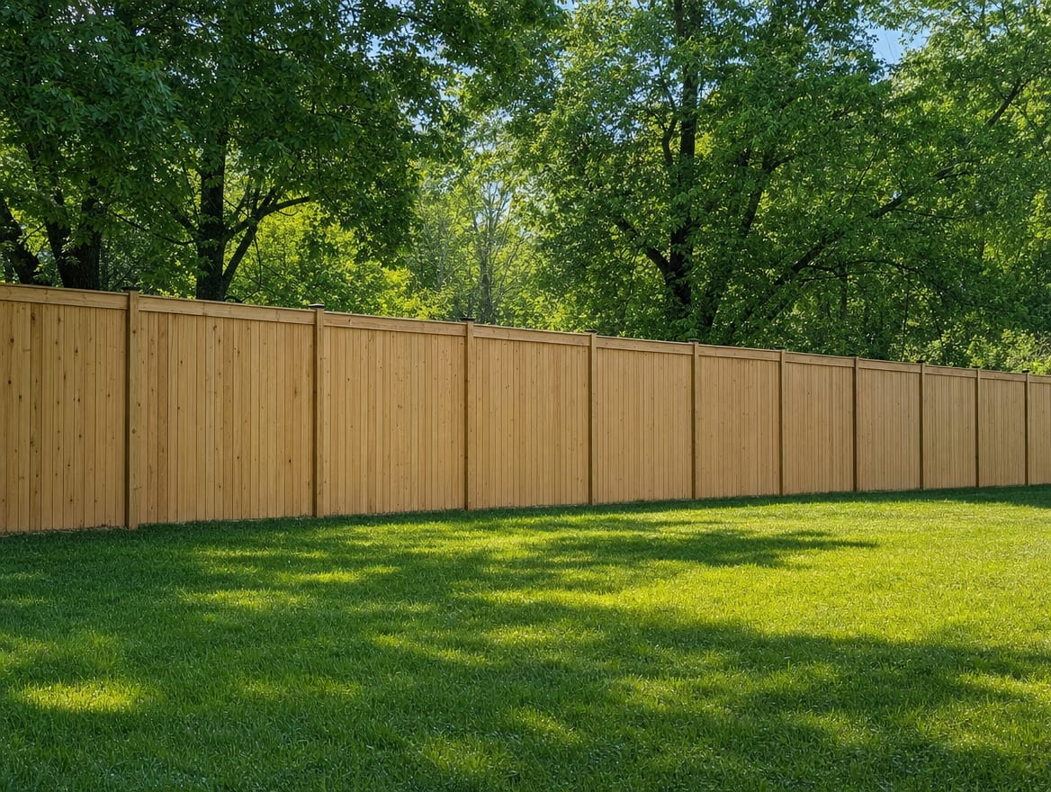 A full six foot tall wood privacy fence running along the back property line of a farmhouse yard in Dover Plains, NY