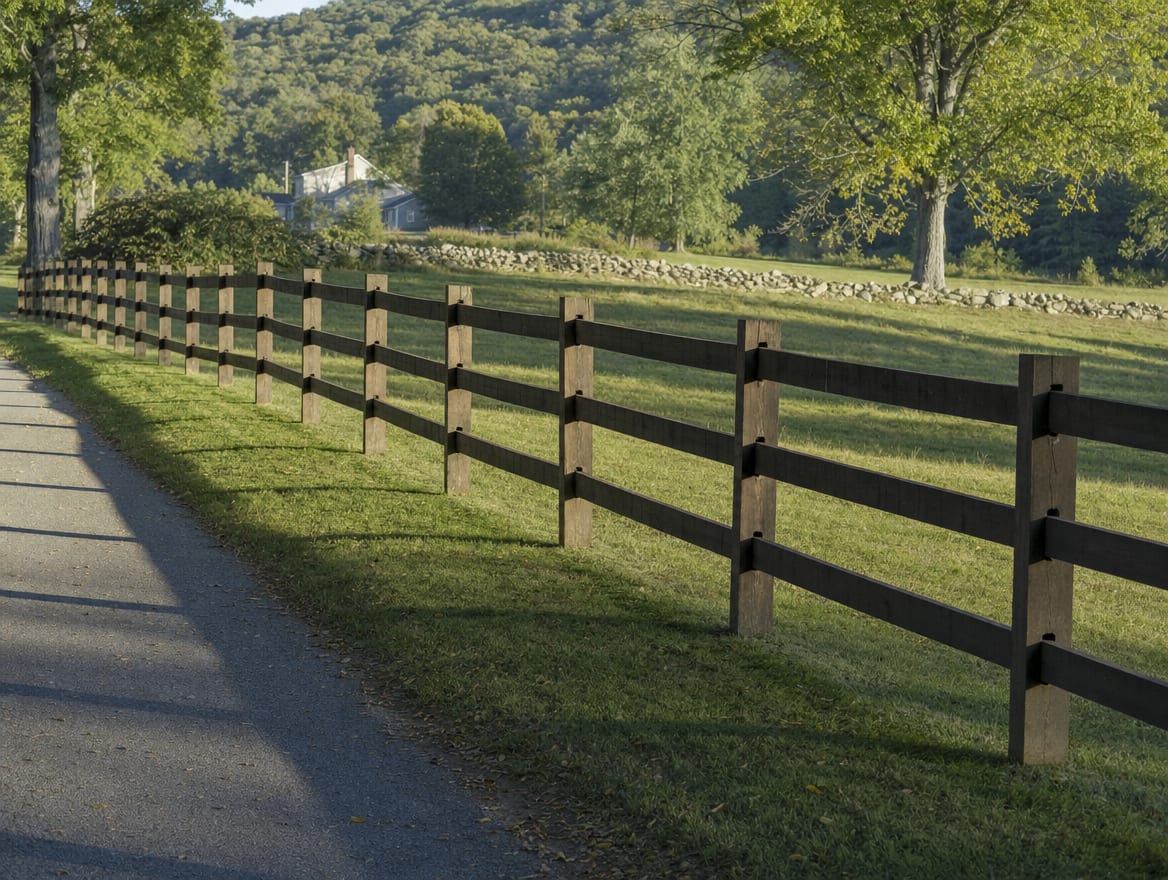 A wood split-rail or post-and-rail fence running along the edge of a field in Dover Plains, NY