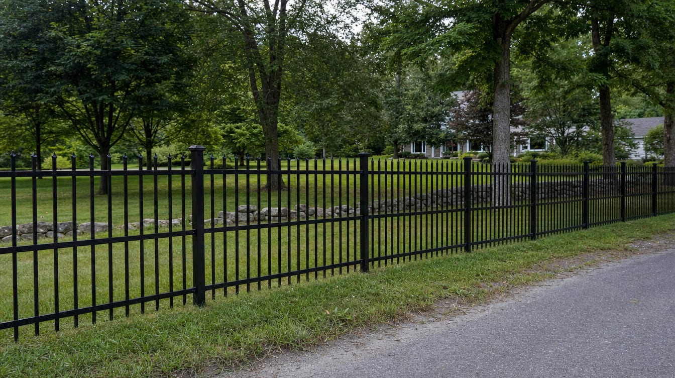 A black aluminum ornamental fence running along a front property line in Dover Plains, NY
