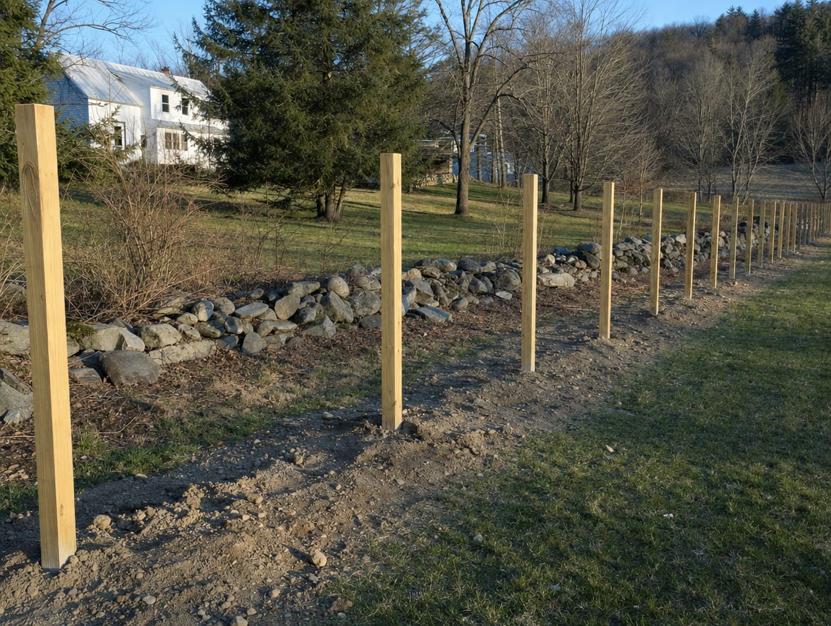 A fence installation in progress with newly set posts in Dover Plains, NY