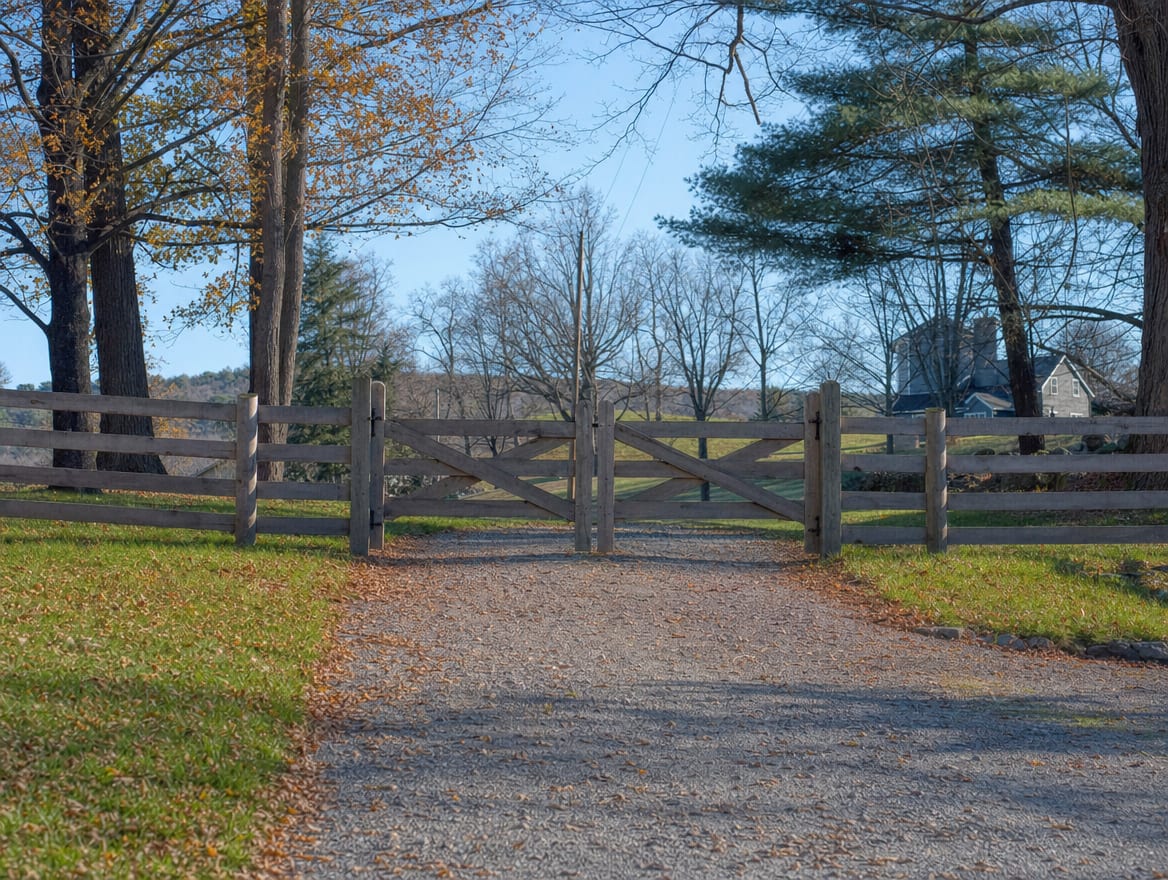 A wood driveway gate set into a fence at the entrance of a country property in Dover Plains, NY