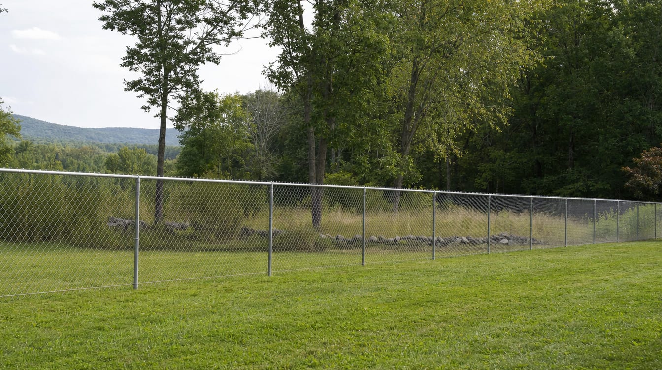 A chain link fence running along a rear property line of a backyard in Dover Plains, NY