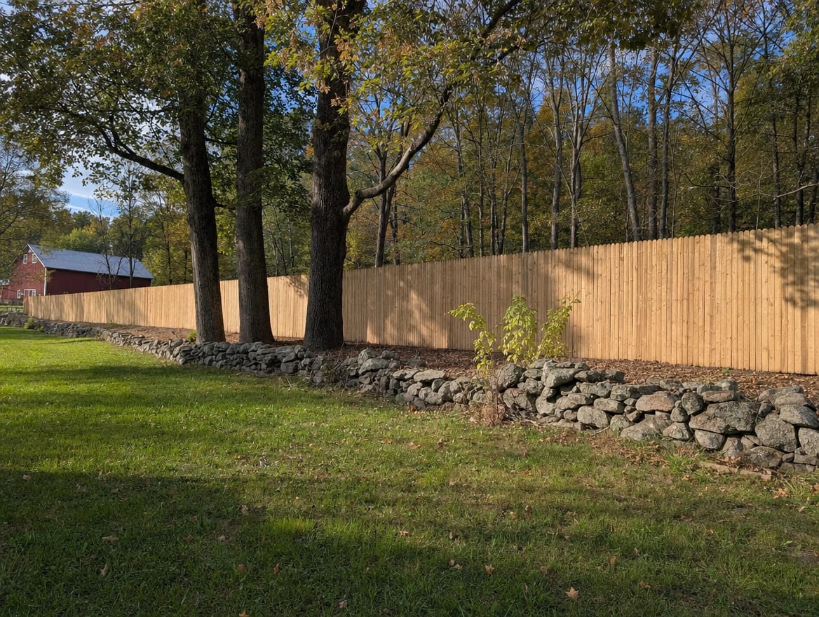 A full six foot tall wood privacy fence running along the back property line of a farmhouse yard in Easton, CT