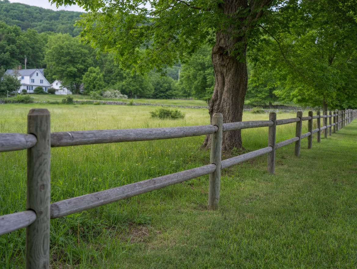 A wood split-rail or post-and-rail fence running along the edge of a field in Easton, CT