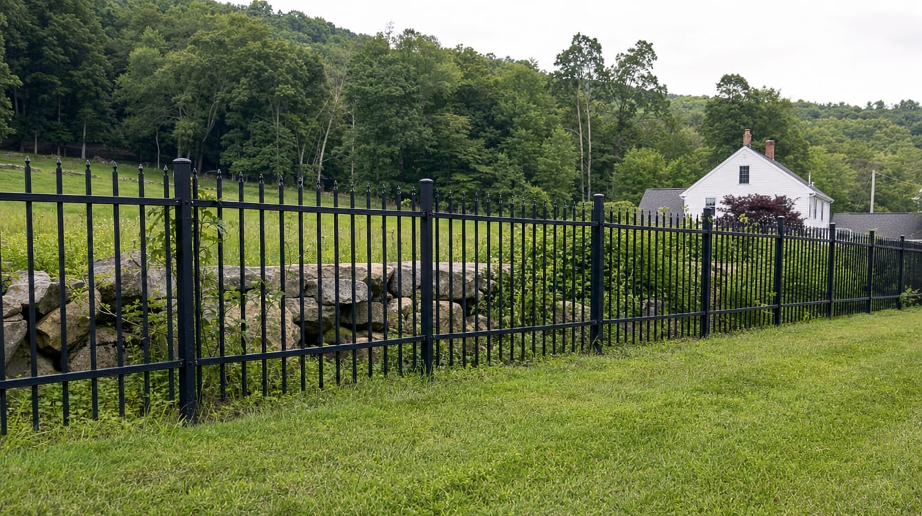 A black aluminum ornamental fence running along a front property line in Easton, CT
