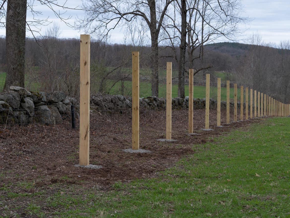A fence installation in progress with newly set posts in Easton, CT