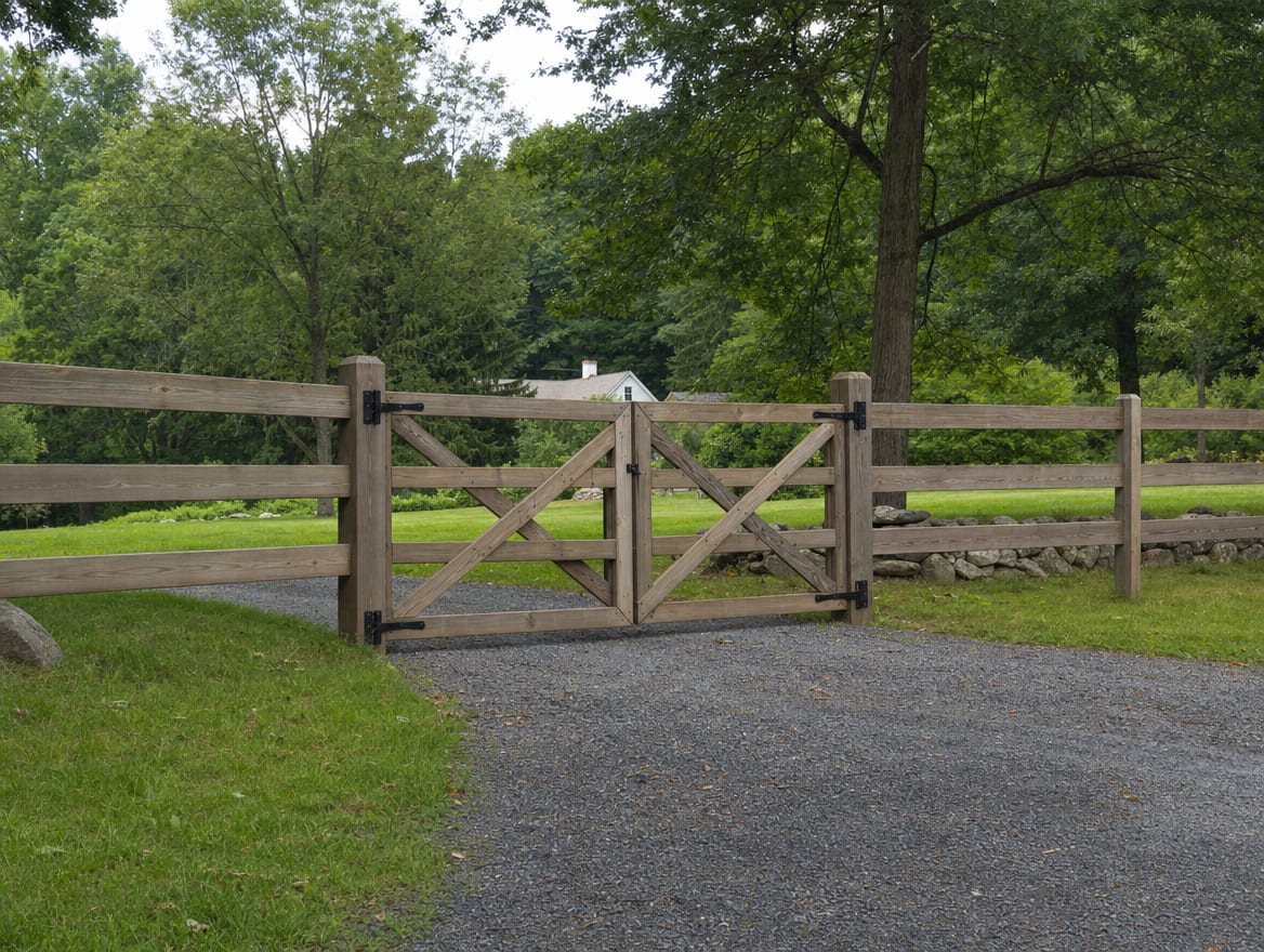 A wood driveway gate set into a fence at the entrance of a country property in Easton, CT