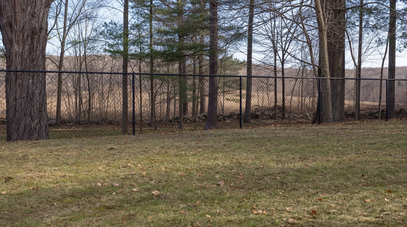 A chain link fence running along a rear property line of a backyard in Easton, CT