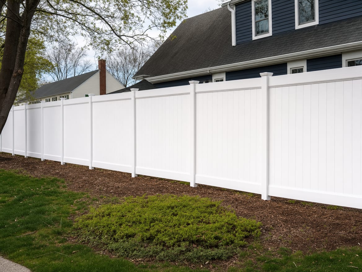 A full six foot tall white vinyl privacy fence running along the side property line of a narrow lot in Fairfield, CT