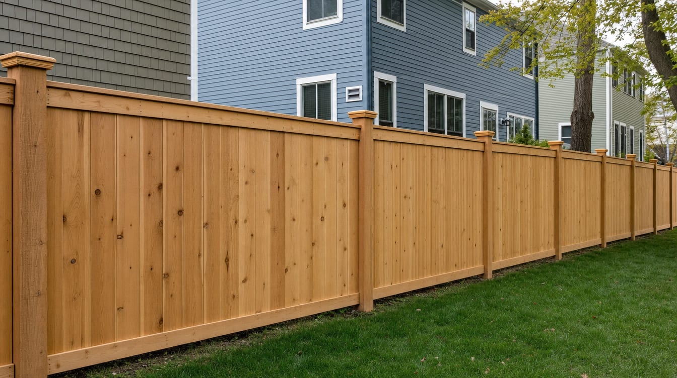 A full six foot tall wood privacy fence running along the property line between two closely spaced homes in Fairfield, CT