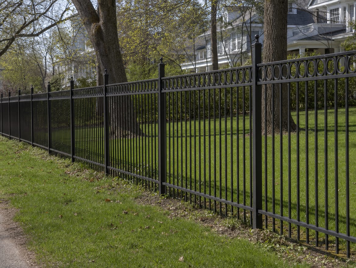 A black aluminum ornamental fence running along a front property line in Fairfield, CT