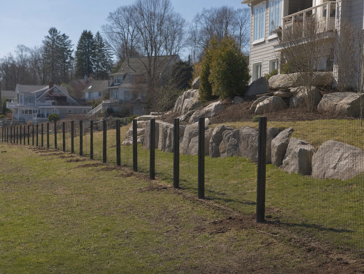 A fence installation in progress with newly set posts in Fairfield, CT