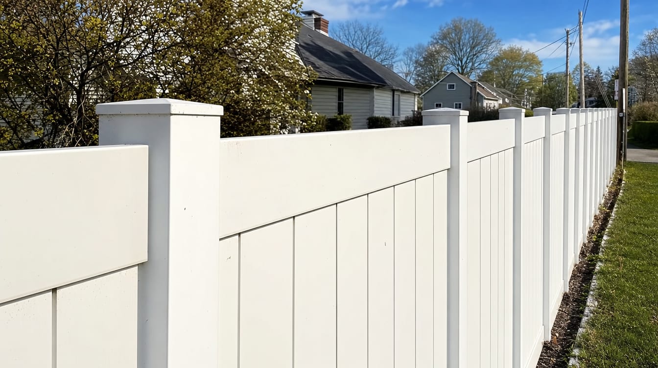 A close view of the top of a finished full six foot tall white vinyl privacy fence with a clean flat post cap, the fence continuing along the property line out of frame in Fairfield, CT
