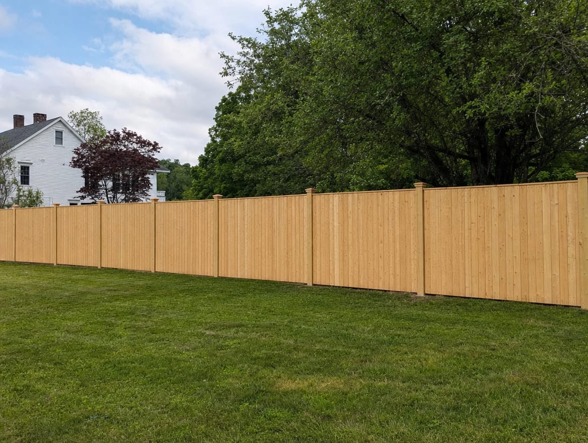 A full six foot tall wood privacy fence running along the back property line of a farmhouse yard in Falls Village, CT