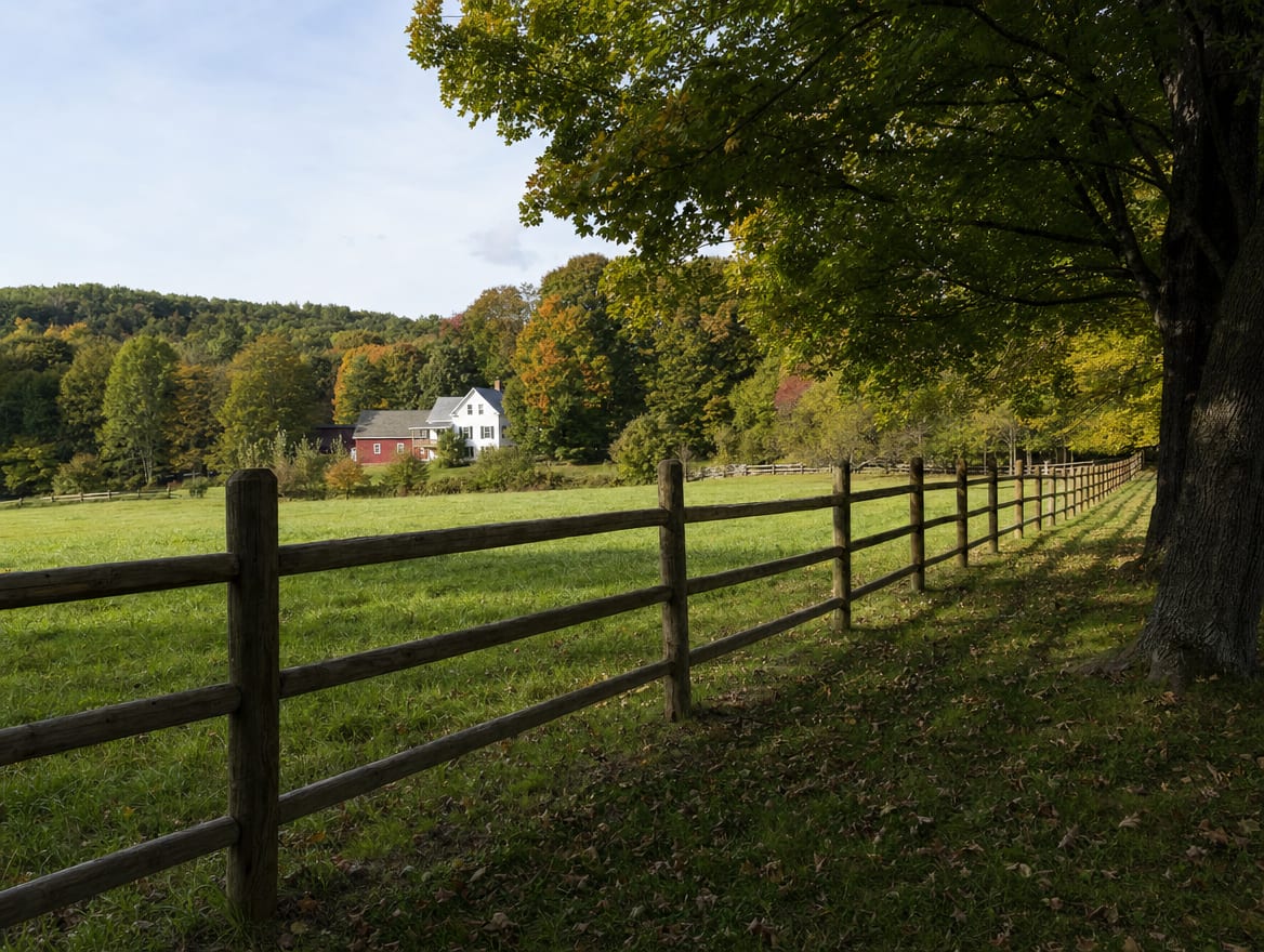 A wood split-rail or post-and-rail fence running along the edge of a field in Falls Village, CT