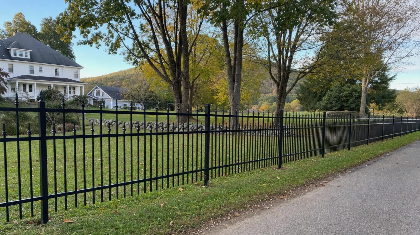 A black aluminum ornamental fence running along a front property line in Falls Village, CT