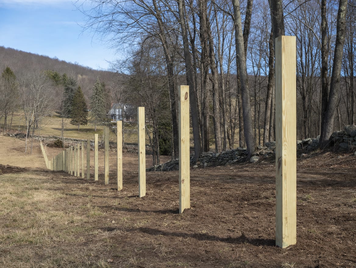 A fence installation in progress with newly set posts in Falls Village, CT