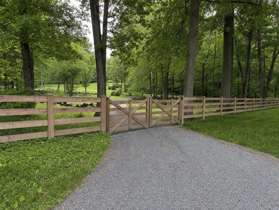 A wood driveway gate set into a fence at the entrance of a country property in Falls Village, CT