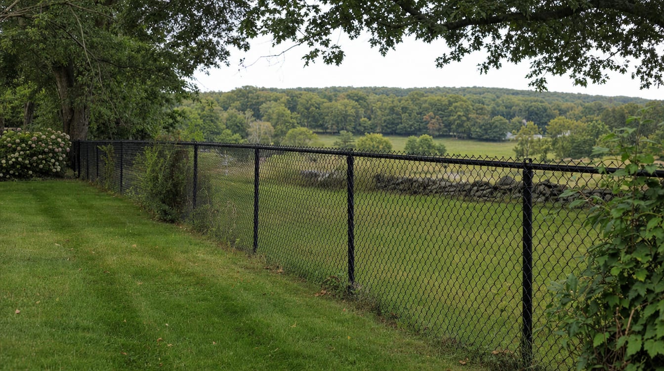 A chain link fence running along a rear property line of a backyard in Falls Village, CT