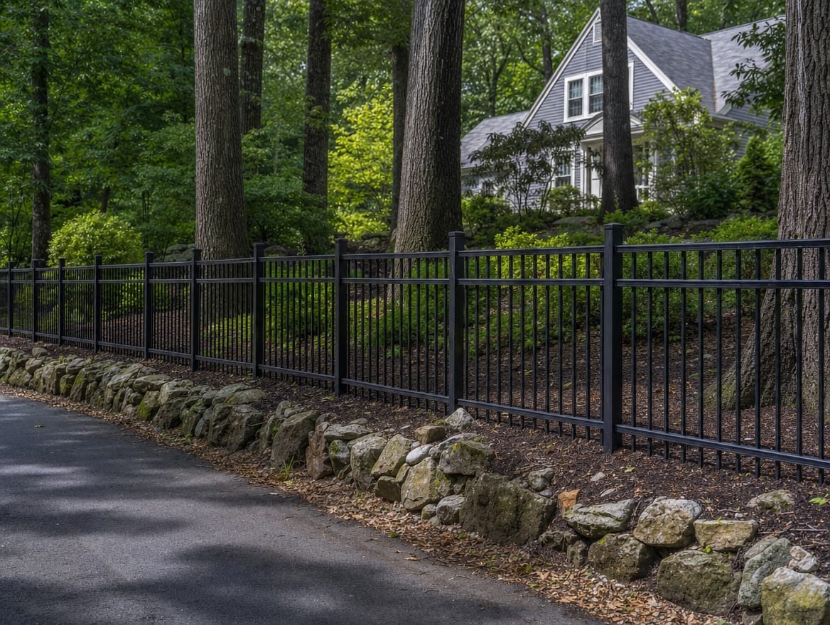 A black aluminum ornamental fence running along a front property line in Gaylordsville, CT
