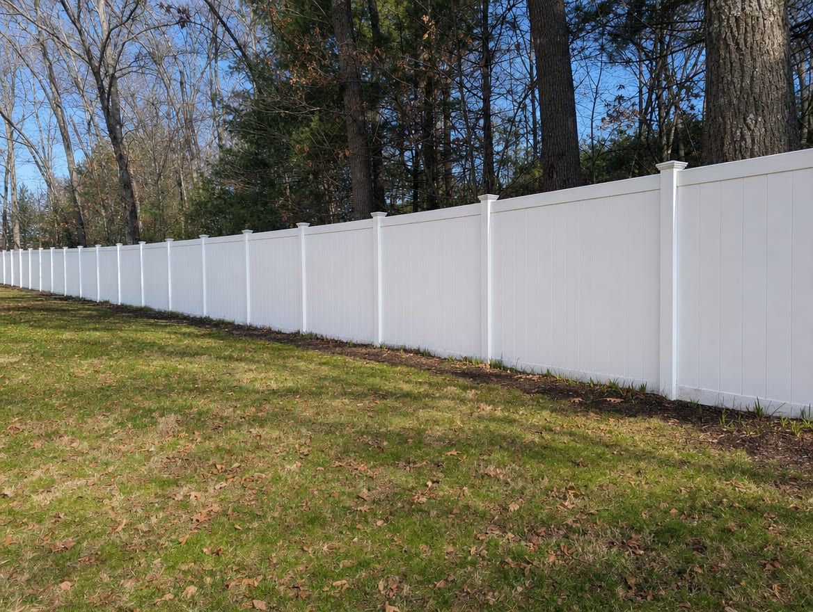 A full six foot tall white vinyl privacy fence running along a backyard property line in Gaylordsville, CT