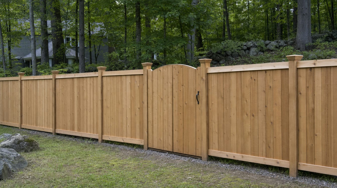 A full six foot tall wood privacy fence with a matching gate set into the run in Gaylordsville, CT
