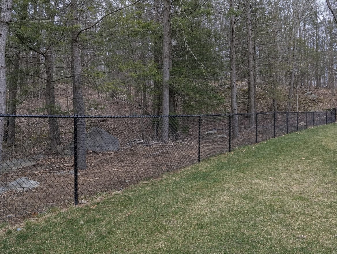 A black chain link fence running along a rear property line of a backyard in Gaylordsville, CT