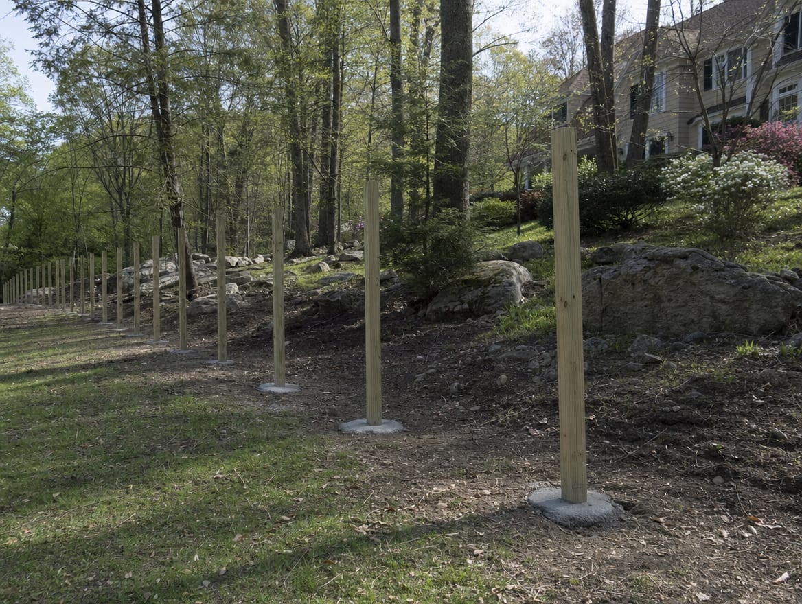 A residential fence installation in progress with newly set posts in Gaylordsville, CT