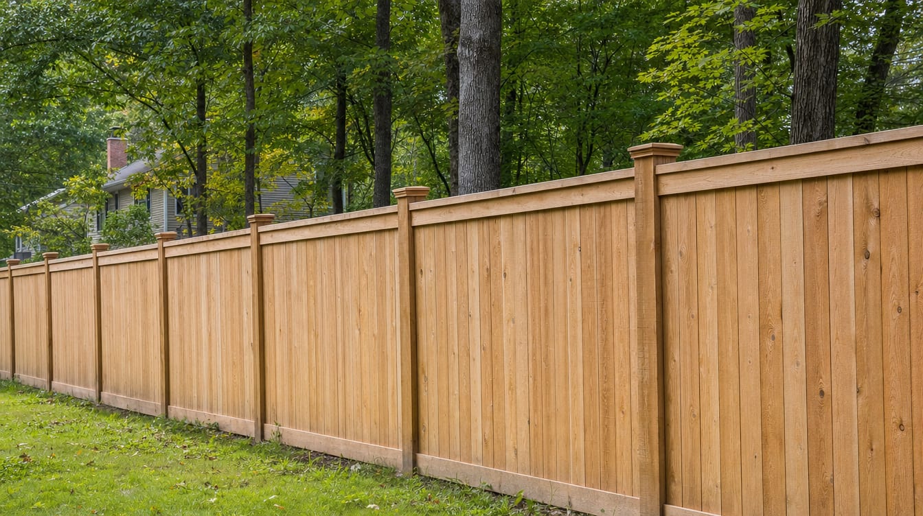 A close view of the top of a finished full six foot tall wood privacy fence with a clean flat post cap, the fence continuing along the property line out of frame in Gaylordsville, CT