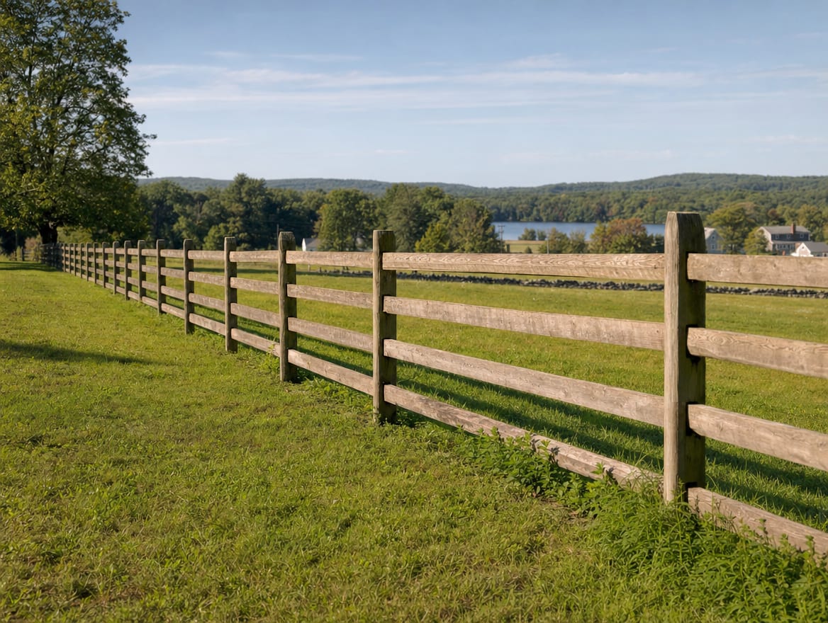 A wood split-rail or post-and-rail fence running along the edge of a field in Goshen, CT