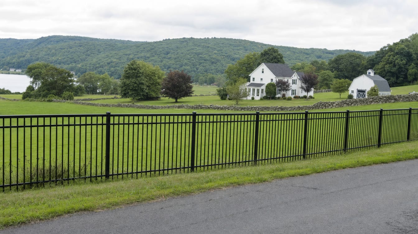 A black aluminum ornamental fence running along a front property line in Goshen, CT