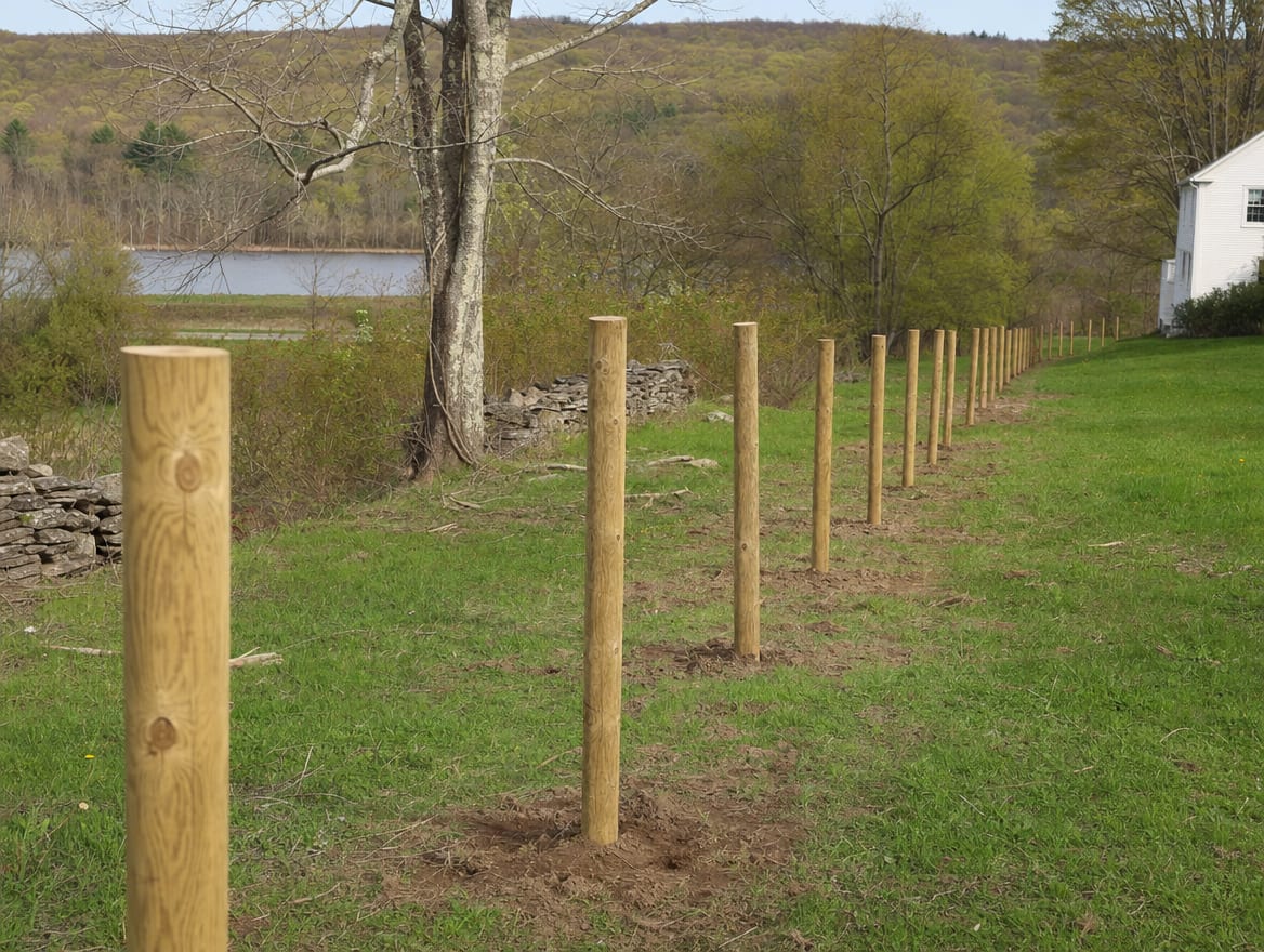 A fence installation in progress with newly set posts in Goshen, CT
