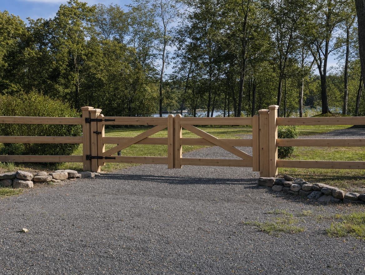 A wood driveway gate set into a fence at the entrance of a country property in Goshen, CT