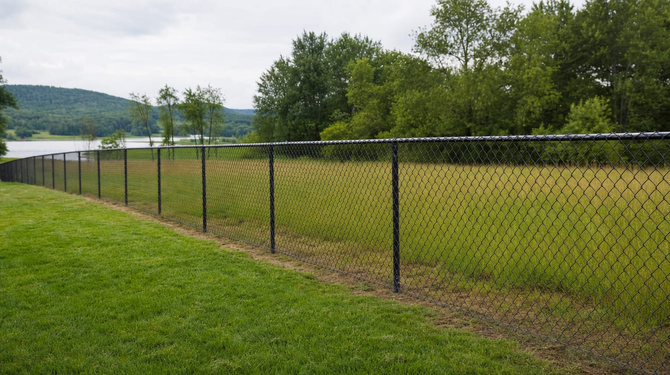 A chain link fence running along a rear property line of a backyard in Goshen, CT