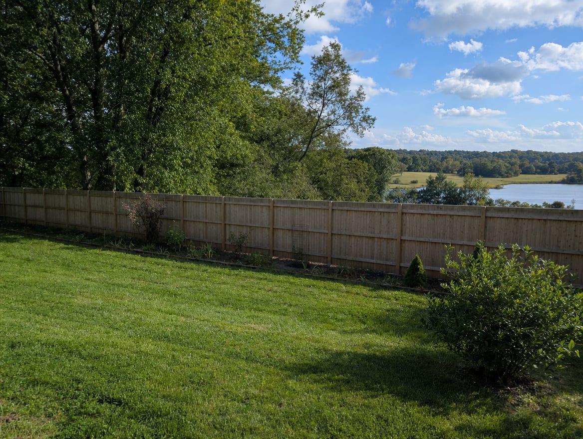 A full six foot tall wood privacy fence running along the back property line of a farmhouse yard in Goshen, CT