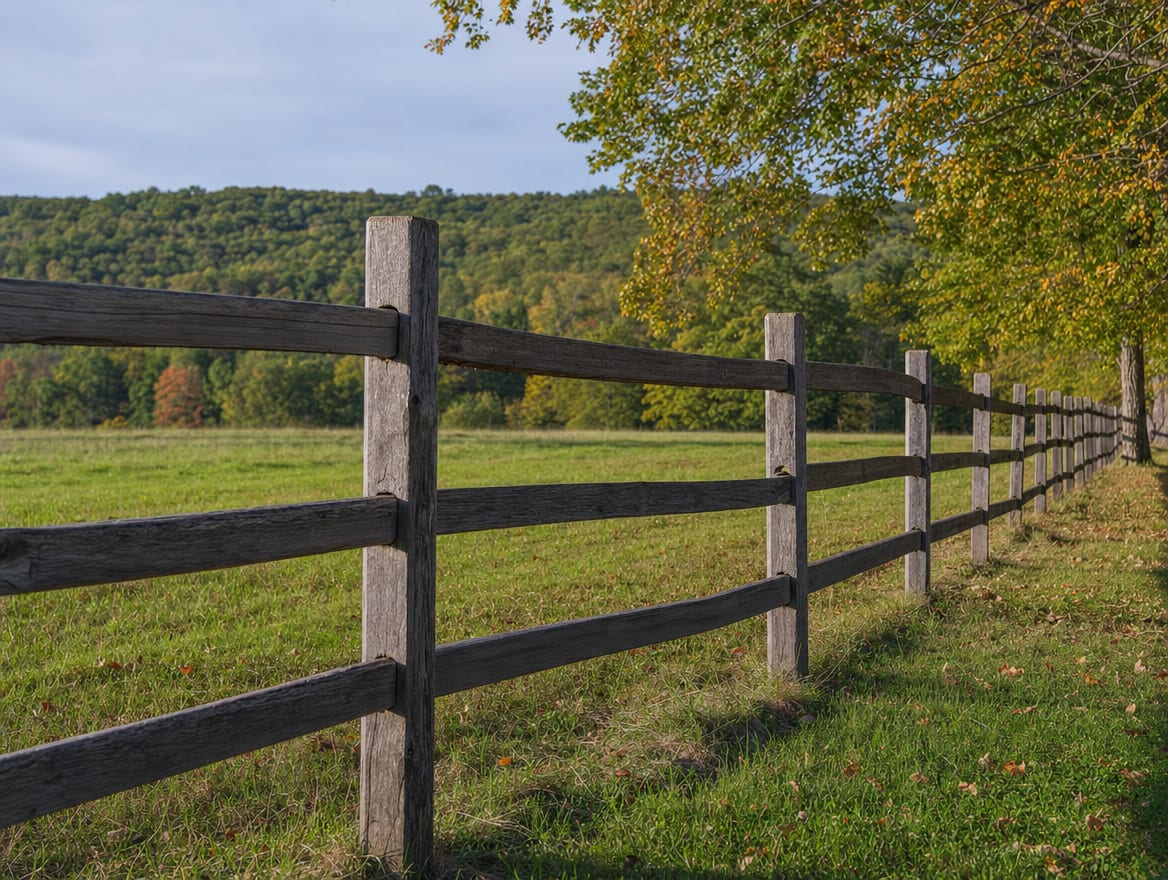 A wood split-rail or post-and-rail fence running along the edge of a field in Kent, CT