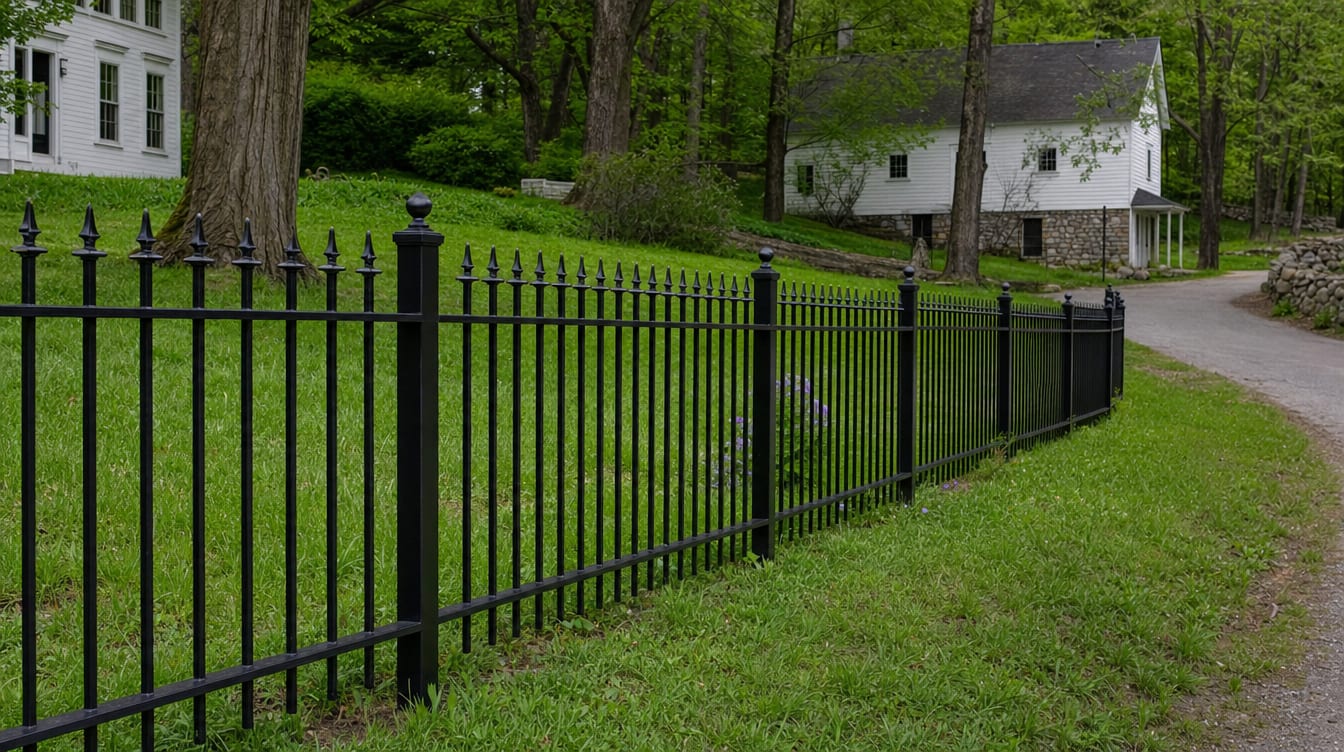 A black aluminum ornamental fence running along a front property line in Kent, CT