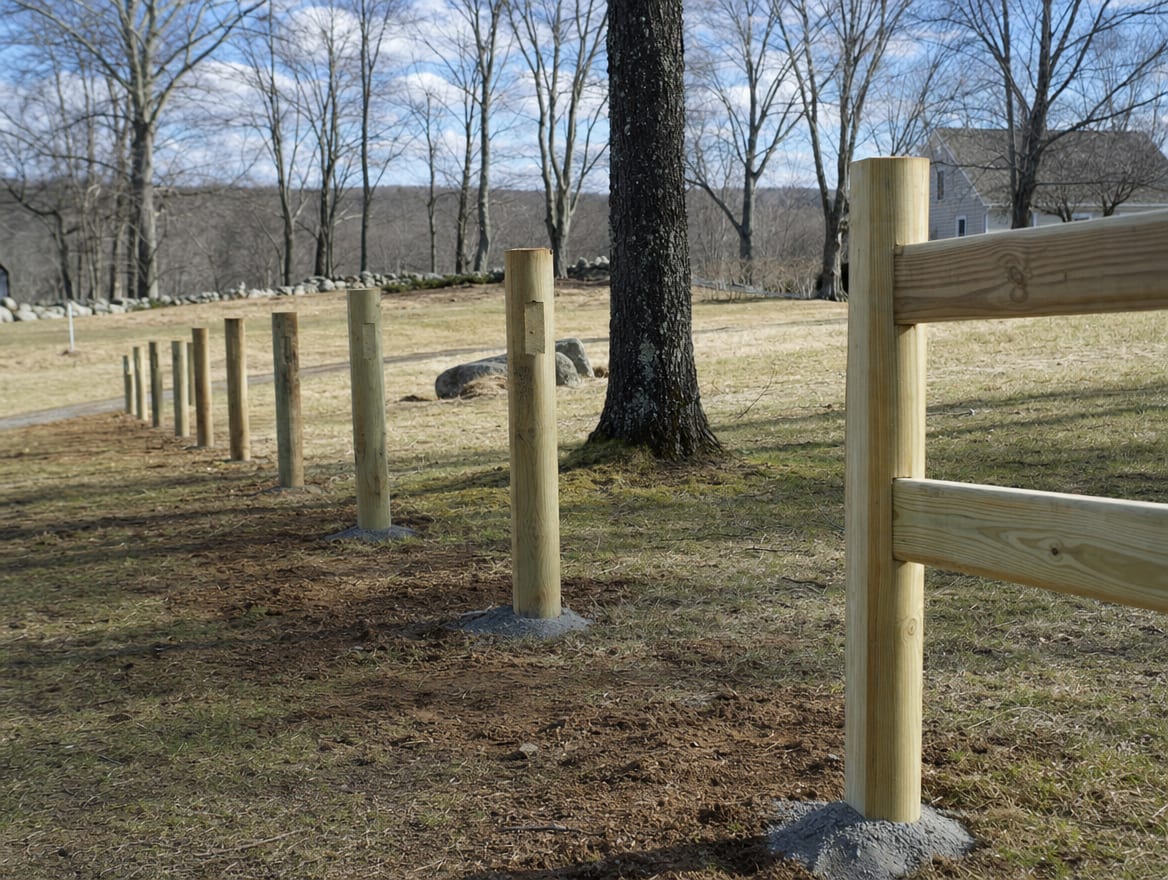 A fence installation in progress with newly set posts in Kent, CT