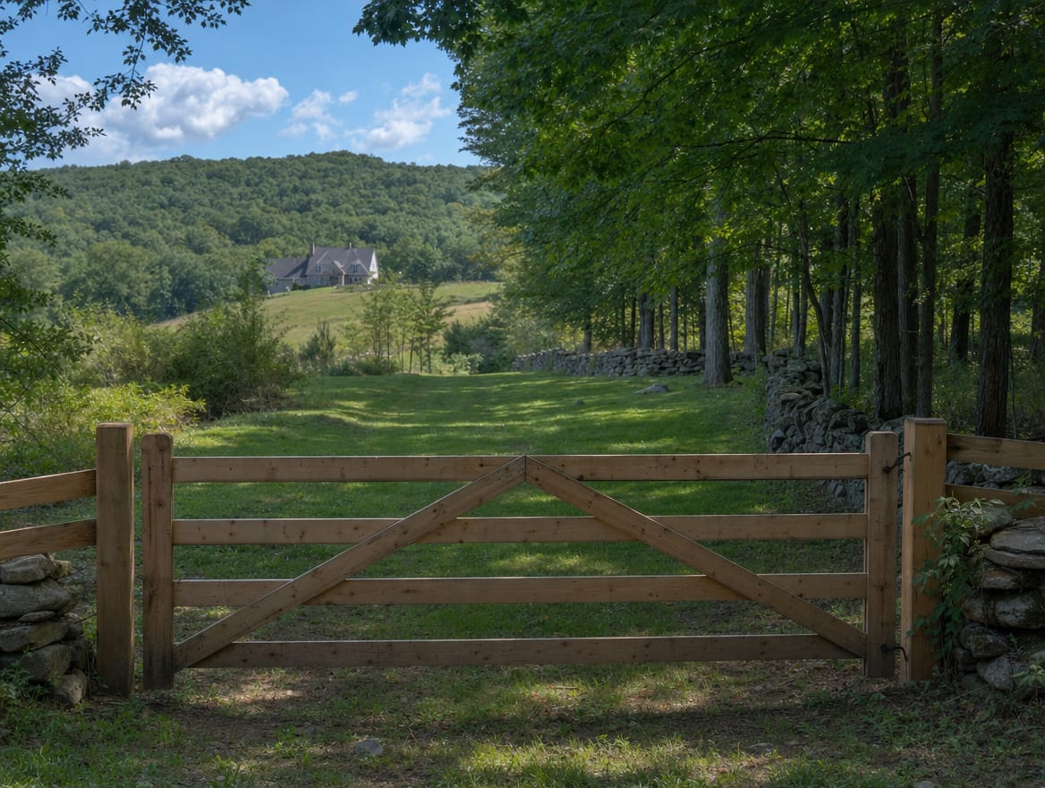 A wood driveway gate set into a fence at the entrance of a country property in Kent, CT