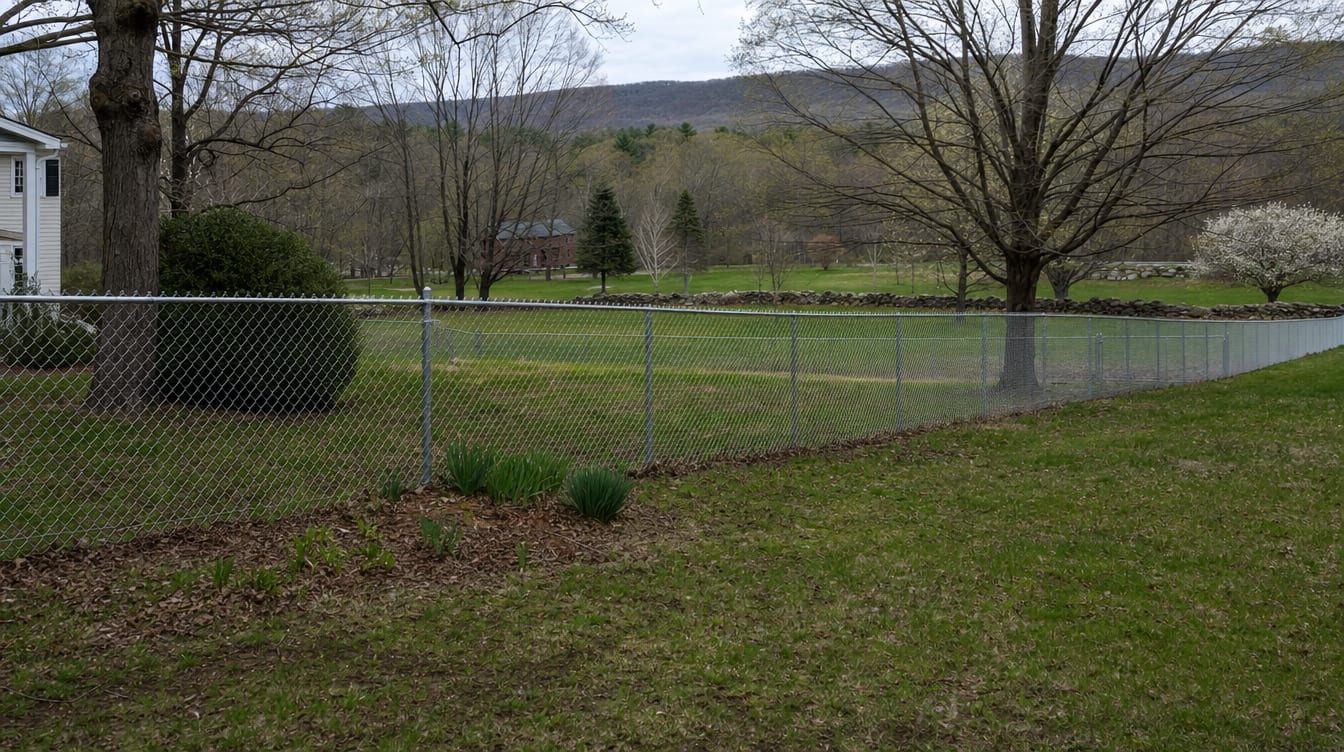 A chain link fence running along a rear property line of a backyard in Kent, CT