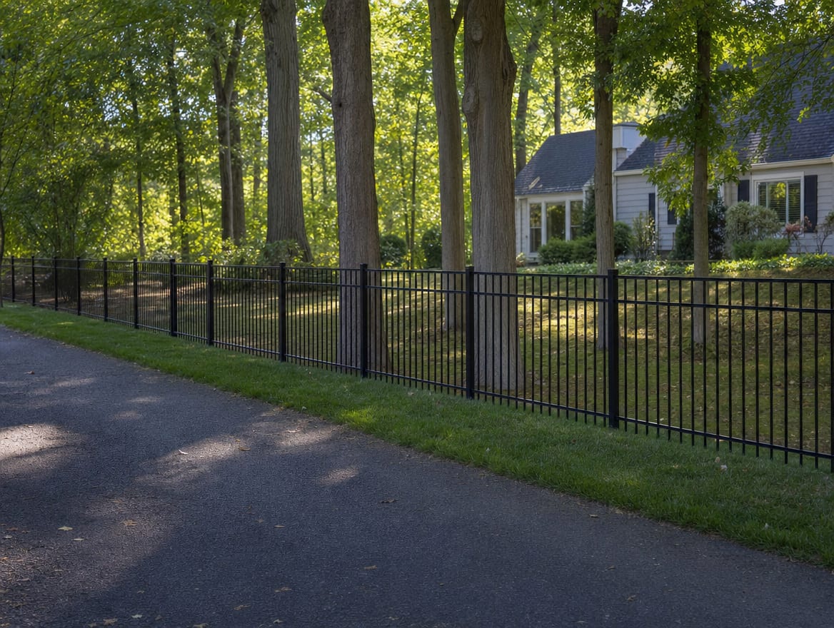 A black aluminum ornamental fence running along a front property line in Lewisboro, NY
