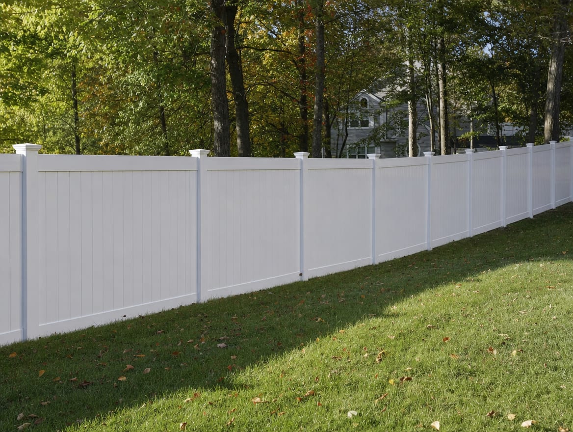 A full six foot tall white vinyl privacy fence running along a backyard property line in Lewisboro, NY